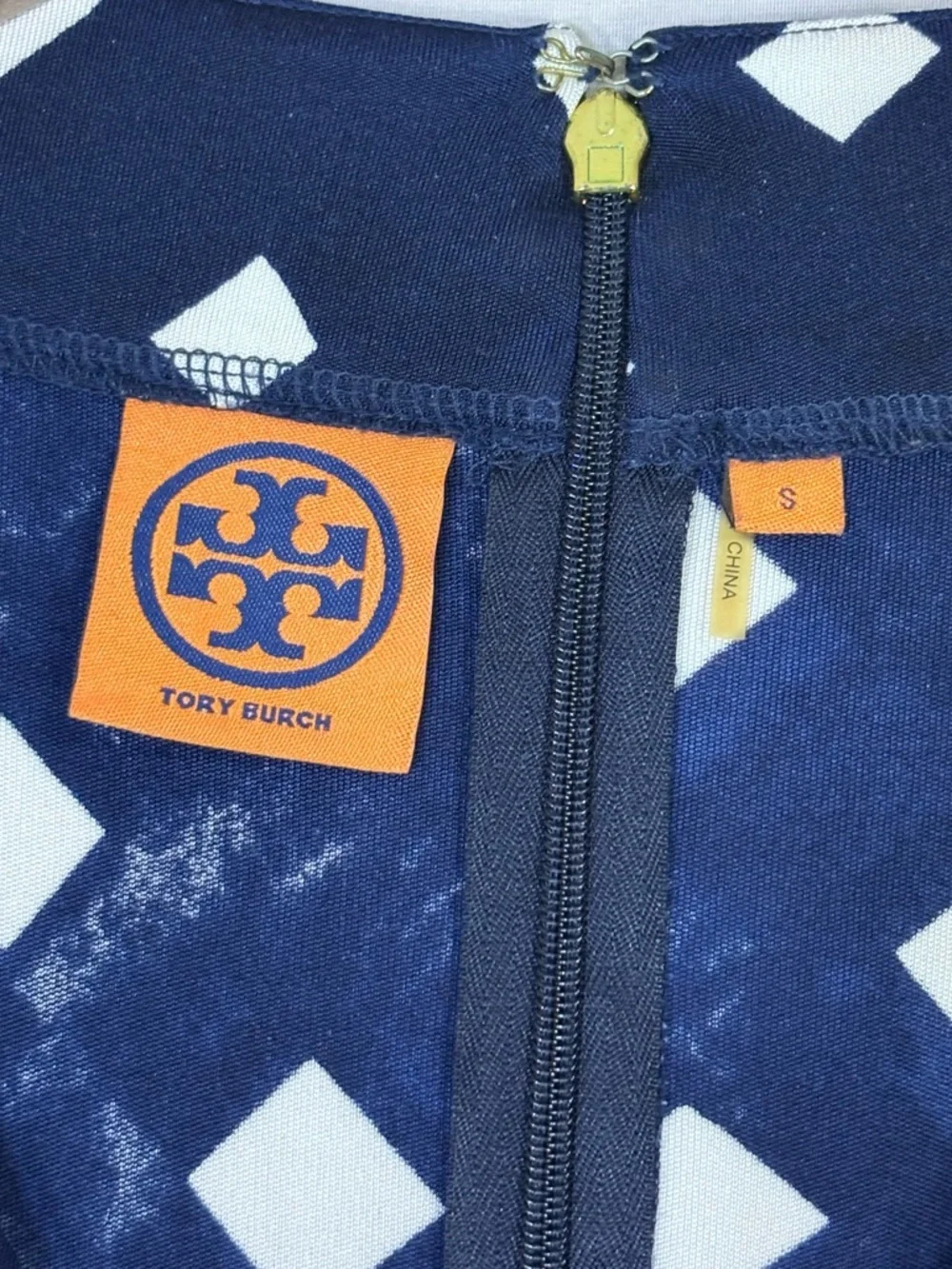 Tory Burch Silk Mini Dress Blue White Print Logo Zip 3/4 Sleeve Small